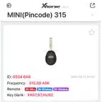 Xhorse 315Mhz: ID 0554 648 (Pincode)